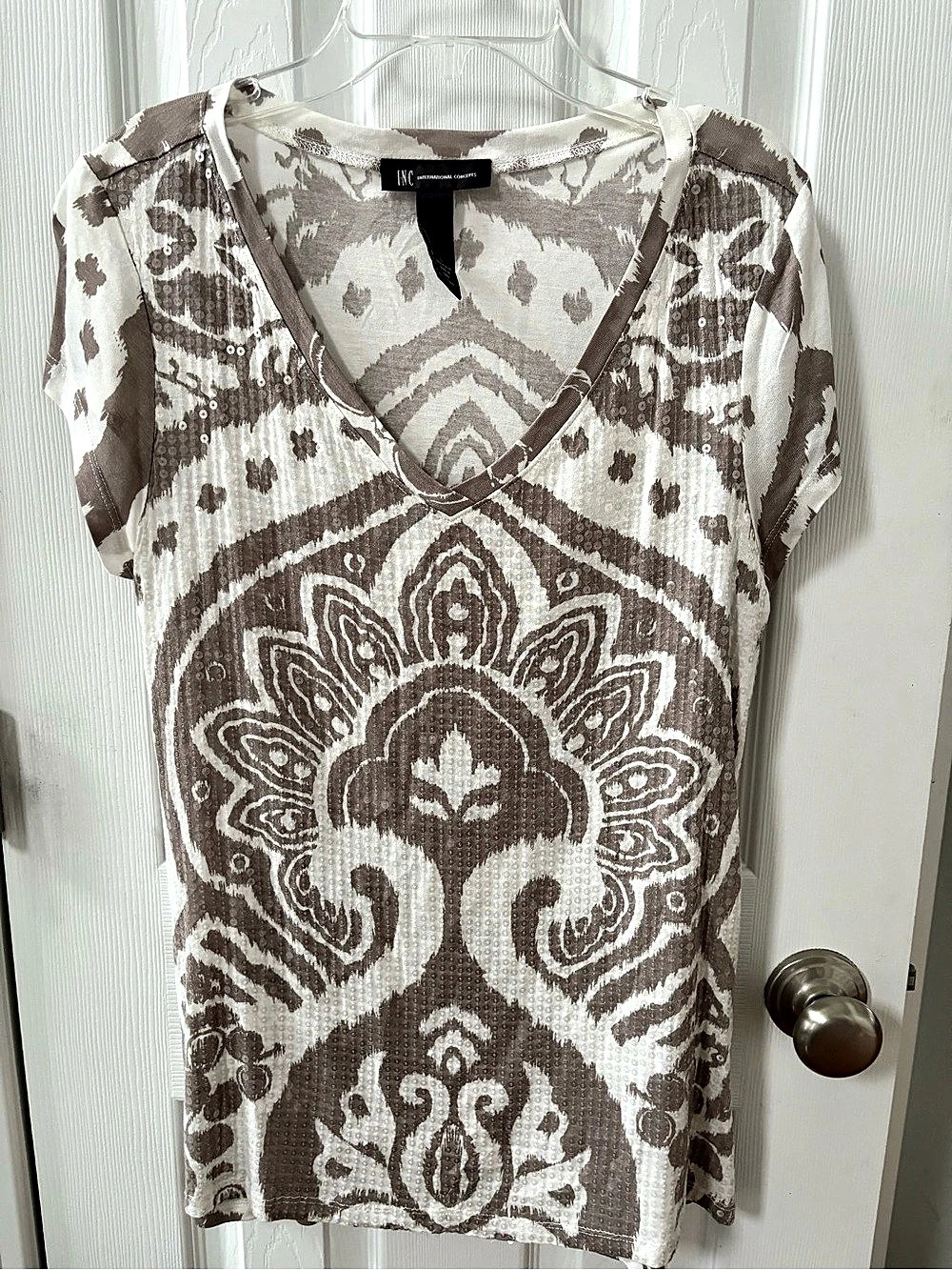INC International Concepts Paisley V-Neck Top in Brown & White - Sequined Front
